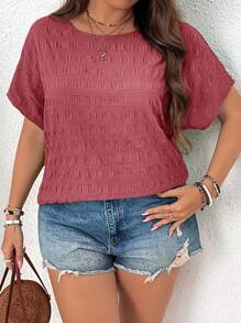 SHEIN VCAY Plus Size Bat Sleeve Textured Round Neck Casual Shirt - Pink - View 5
