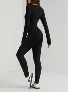 SHEIN Tall Elegant Casual Solid Color Black Long Sleeve Jumpsuit With Tight Fit, U Neckline - Black - View 2