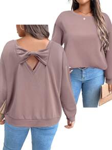SHEIN LUNE Plus Size Casual Comfortable Bowknot Back Cutout Sweatshirt Winter Clothes New Years Women Outfit Winter Dresses Winter Clothes Women Rave Outfits Thanksgiving Outfit Women - Pink - View 1