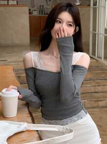 DAZY Women's Elegant Color Block Lace Splicing Open Shoulder T-Shirt, Autumn Long Sleeve Women Tops,Fall Women Clothes Off The Shoulder - Multicolor - View 1