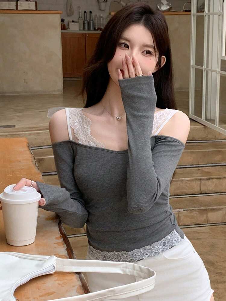 Women's Elegant Color Block Lace Splicing Open Shoulder T-Shirt, Autumn Long Sleeve Women Tops,Fall Women Clothes Off The Shoulder