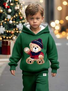 SHEIN 2 件装年轻男孩宽松卡通熊图案休闲宽松长袖连帽衫和运动裤服装套装，适合秋季/冬季/圣诞节 - 彩色 - 查看 2