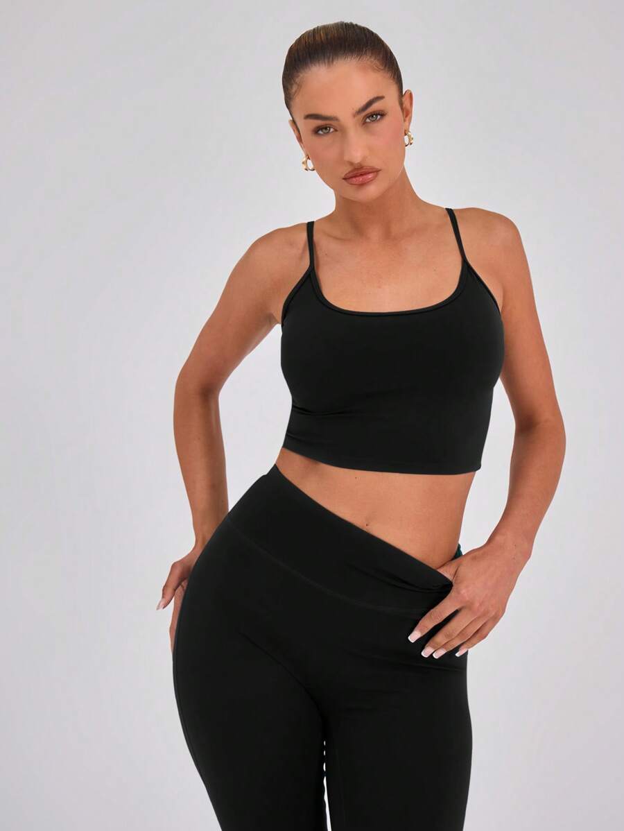 Musera Sport Slinky Spaghetti Strap Active-Wear Crop Cami Top Only ,Padel, Tennis, Pickleball Gym Fitness Fall Winter - Black - View 1