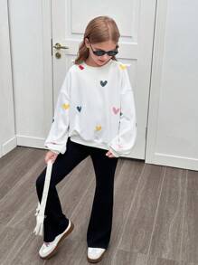 Tween Girl Casual Colorful Heart Handpainted Loose Oversized Round Neck Dropped Shoulder Hoodie And Skinny Flare Pants Set, Suitable For Home, Outdoor, And School
