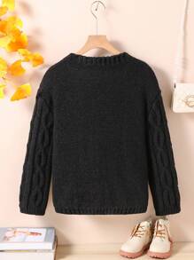 Tween Girl 秋季心形针织毛衣，时尚休闲圆领长袖套头衫 - 黑色 - 查看 2