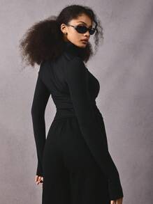 Athîral 女士前拉链长袖印花休闲夹克，日常穿着 - 黑色 - 查看 4