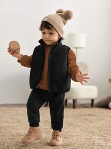 Cozy Pixies 3 件套男婴圆领长袖套头连帽衫、厚背心和休闲长裤套装 - 黑色 - 查看 3