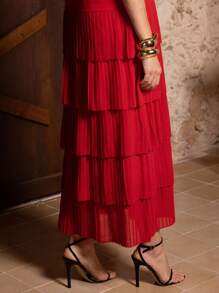 VERO DIAZ 设计师优雅红色雪纺褶皱无袖系带领褶皱分层荷叶边长款派对礼服、节日装、春夏装、节日、狂欢装 - 紅色 - 查看 6