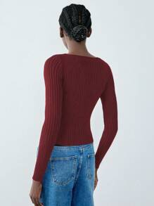 SHEIN Unity Women Casual Solid Color Cutout Cross Wrap Front Slim Fit Ribbed Knit Pullover Sweater Knit Pullover Fall Winter - Burgundy - View 2