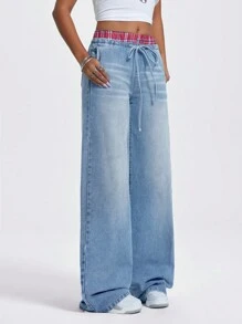 SHEIN ICON Fashionable Casual Plaid Patchwork Wide Leg Jeans Low Rise Straight Leg Baggy Jeans Women - Light Wash - View 3