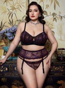 Bộ đồ lót thêu xương cá màu tím gợi cảm cỡ lớn 3 món/bộ - Màu tím - Xem 7