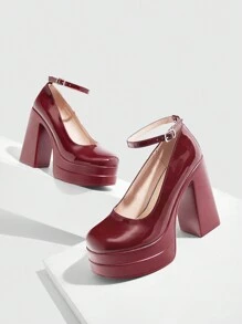 CUCCOO SZL Women's Fashion Wine Red Ankle Strap Platform Chunky High Heel Shoes Spring Shoes Spring Break Easter Prom Heels