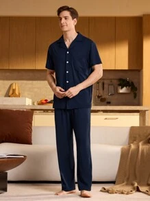 Provexi Provexi 男士纯色短袖上衣和裤子睡衣套装 - 藏蓝色 - 查看 6