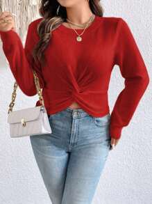 Celure 大码女式圆领扭结休闲套头毛衣，秋冬新年针织套头衫 - 紅色 - 查看 4