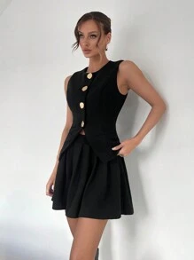 SHEIN Essnce Women Solid Color Front Button Sleeveless Vest And Skirt Suit Set, Minimalist Style - Black - View 4