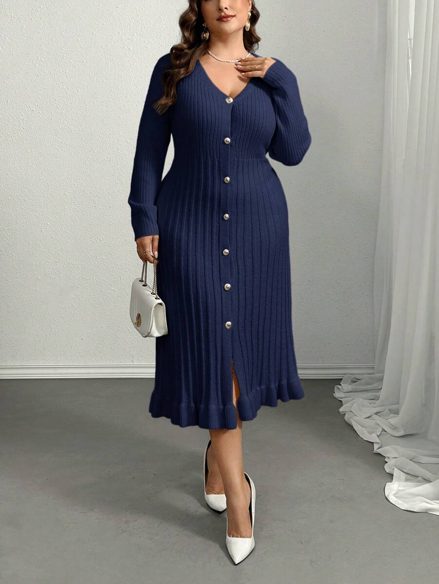 SHEIN Privé Plus Size Women V-Neck Ruffle Trim Knit Dress, New Apricot Color For Autumn/Winter - Navy Blue - View 1