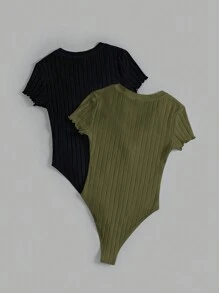 SHEIN EZwear 女士 2 件套休闲简约纯色罗纹针织生菜边紧身连体衣，夏季