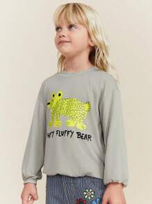 SHEIN 年轻女孩圆领长袖图案印花简约 T 恤，休闲日常穿着 - 灰色 - 查看 7