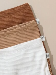 SHEIN 3 件套新生男童女童休闲简约纯色弹力针织紧身裤，舒适 - 棕色 - 查看 5