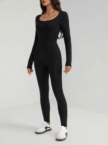 SHEIN Tall Elegant Casual Solid Color Black Long Sleeve Jumpsuit With Tight Fit, U Neckline - Black - View 4