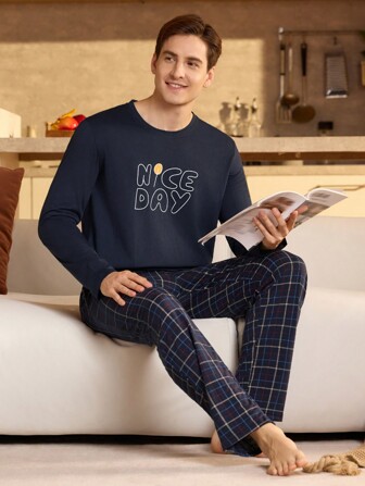 男士字母印花长袖上衣和格子长裤睡衣套装