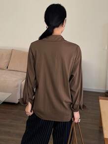 DAZY Women's Solid Color Front Button Long Sleeve Casual Blouse - Brown - View 5