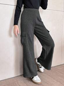 SHEIN Leap Crew Tween Girls Fitted Casual Comfort Mid-Rise Soft Flared Leg Pants - Grey - View 3