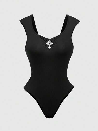 Goth Body sin mangas con decoración metálica de cruz vintage gótica para mujer, versátil, ideal para el Día de San Valentín