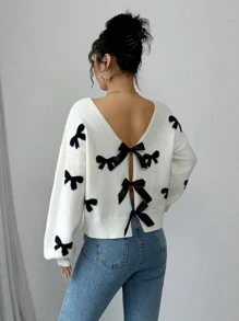 SHEIN Frenchy Women's Elegant Bow Decor Sweater, Autumn/Winter French Elegant Bow Pattern Back Tie Long Sleeve Sweater   Bow Sweater  Winter Sweater Warm Sweater