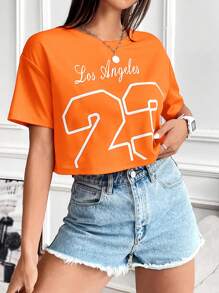 SHEIN EZwear Áo crop top in chữ và số màu cam giản dị dành cho nữ - trái cam - Xem 4