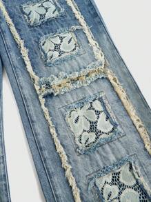 ROMWE MEN Street Life Men's Lace Applique Embroidered Loose Washed Baggy Jeans - Blue - View 2
