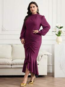 Modelyn Plus Size Elegant Party Solid Color Lantern Sleeve Ruched Fishtail Dress - Purple - View 5