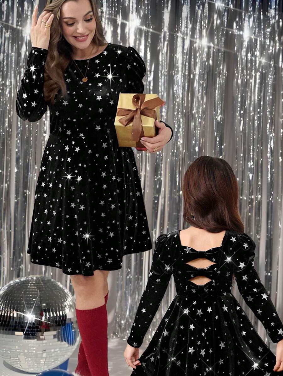 SHEIN Essnce Plus-Size Women's Elegant Formal Party Dress,Black Autumn Evening Birthday Bow Backless Red Mom And Me Holiday Christmas New Year Eve Long Sleeve - Black - View 1