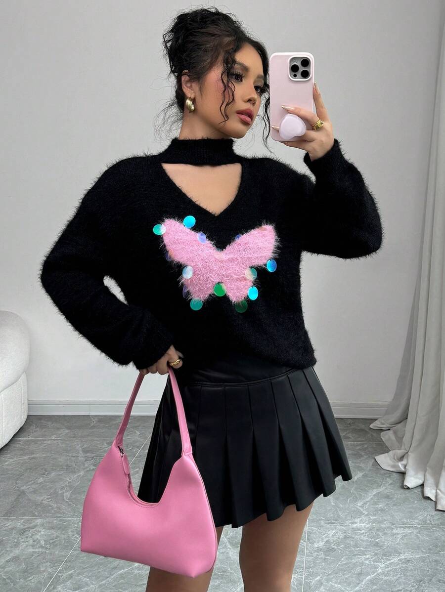 SHEIN Unity Autumn/Winter Fashion Hollow Sequin Decor Butterfly Pattern Keyhole Stand Collar Sweater Knit Pullover Fall - Black - View 1