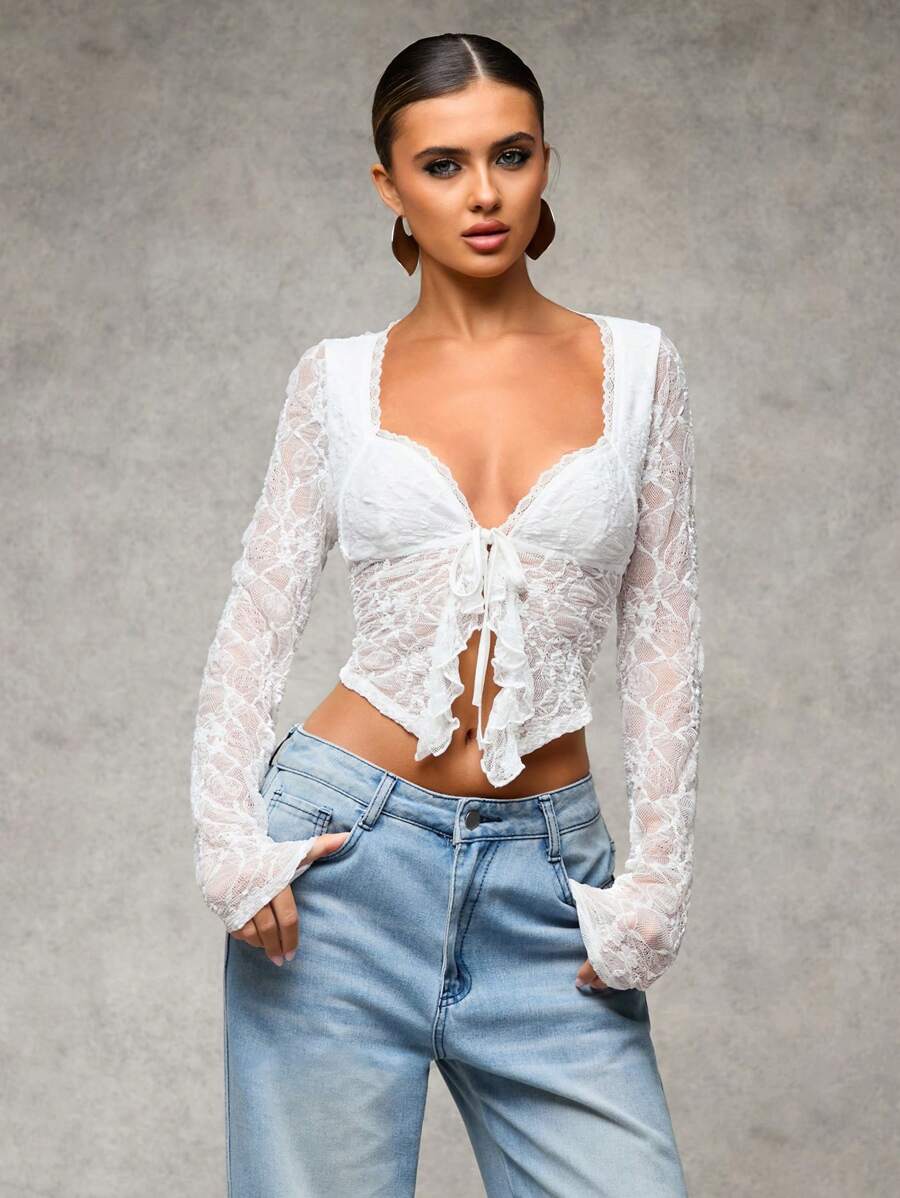 SHEIN BAE Áo nữ màu xám xanh lá trơn màu cho đêm hẹn hò/tiệc độc thân/tiệc cocktail/mùa tựu trường/trang phục hòa nhạc/trang phục tiệc rave/thời trang dạo phố/áo ren gợi cảm xếp nếp phía trước dây mảnh có viền bất đối xứng/trang phục gợi cảm cho phụ nữ/trang phục hippie/áo gợi cảm cho phụ nữ/áo ren dài tay - trắng - Xem 1