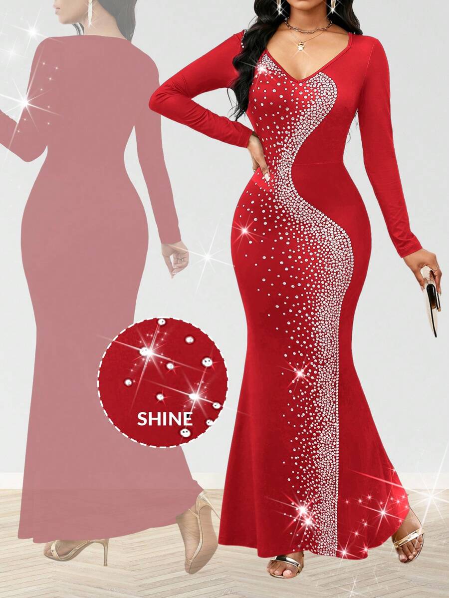 SHEIN Lady Women's V-Neck Long Sleeve Crystal Decor Simple Casual Dress