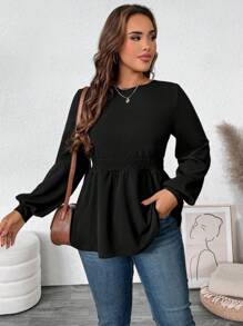 SHEIN VCAY 大码黑色露肩收褶下摆长袖 T 恤，休闲宽松针织上衣，适合度假