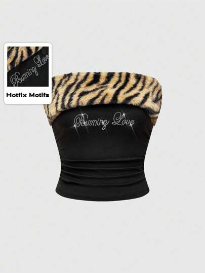 Grunge Punk 1pc Women's Gyaru Black Knitted Crop Top With Rhinestone Decor, Zebra Striped Print Patchwork Design, Suitable For Subculture Style