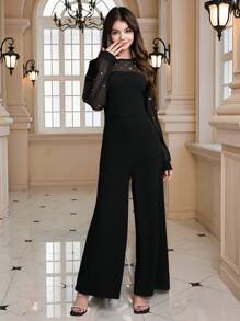 Teen Girl Elegant Party Prom Faux Pearl & Mesh Contrast Jumpsuit
