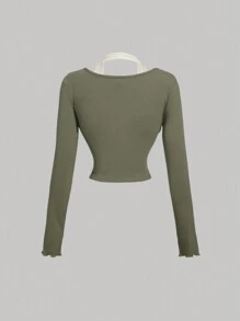 SHEIN MOD Green 2-In-1 Mock Neck Long Sleeve T-Shirt