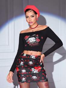 Betty Boop x SHEIN Winter Off The Shoulder Long-Sleeved T-Shirt & Skirt Suit, Retro,Black Suit, High-Elastic Fabric, Love Pattern, Christmas, New Year, Velvet Fabric, Warm, Sexy, Cute, Casual - Black - View 4