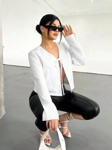 SHEIN SXY White Bowknot Design Jacket, Sexy Cute Elegant For Date, Autumn/Winter - White - View 3