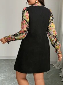 SHEIN Clasi Vestido de manga larga con cuello alto con contraste tejido-tejido y floral para mujer de talla grande, adecuado para Navidad, Halloween, Año Nuevo, Año Nuevo Chino, otoño/invierno