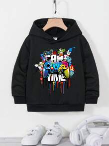 SHEIN 2 件套休闲游戏控制器图案宽松连帽衫和牛仔裤，适合年轻男孩，适合秋冬季 - 彩色 - 查看 3