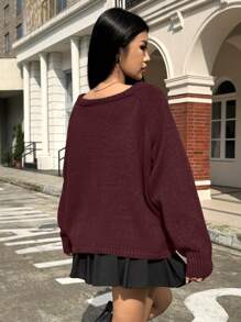 SHEIN EZwear Áo len tay raglan màu trơn rộng rãi, giản dị, thu/đông - Màu Đỏ Sâu - Xem 2