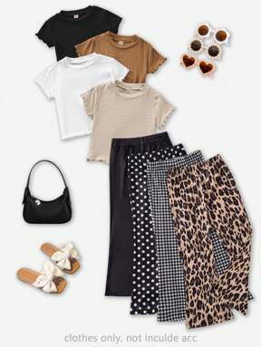 4pcs/Set Young Girl Autumn/Winter Knitted Leopard Houndstooth Polka Dot Solid Black Flared Pants, Casual Leggings