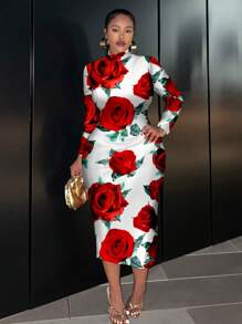 Hourglow Plus Size Casual Minimalist Long Sleeve Big Rose Graphic Round Neck Fitted Dress Fall Chic Dress, For Hourglass Body Shape - Multicolor - View 2