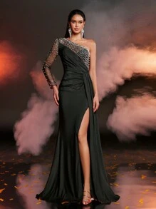 Glamrae Elegant Luxury Black One Shoulder Rhinestones & Pearl Elastic Knit Ruched Slit Fishtail Dress,Long Sleeve Formal Evening Gown For Wedding Guest,Prom - Black - View 3