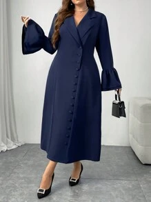 Mulvari Plus Size Solid Color Front Button Long Sleeve Flat Collar Minimalist Casual Short Dress,Graduation Dress - Navy Blue - View 4
