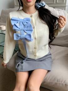 SHEIN MOD Cárdigan informal con bloques de color y decoración de lazo, otoño